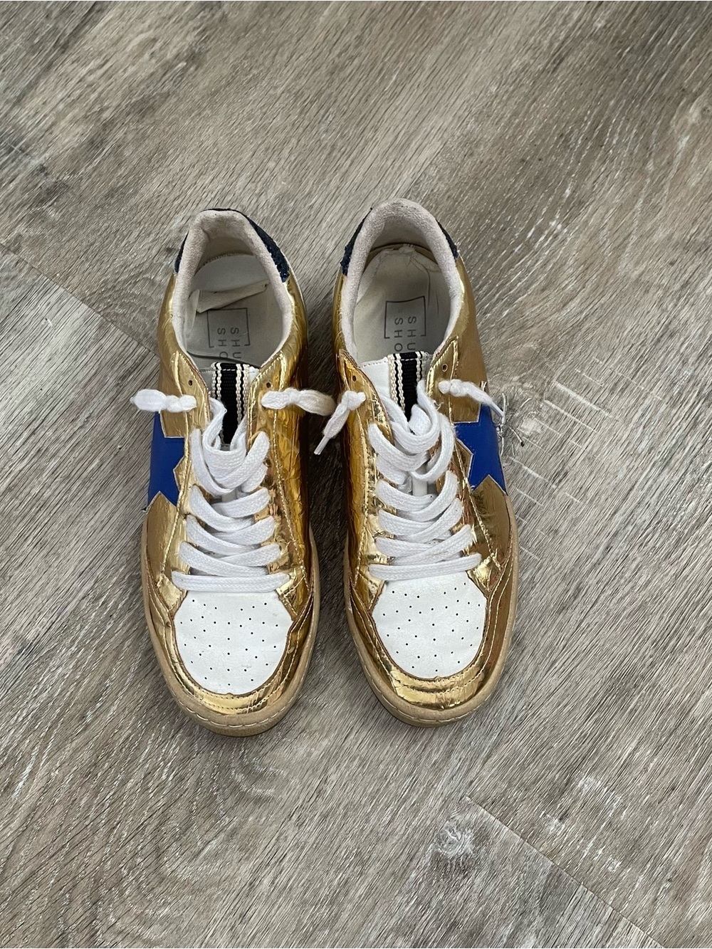SHU SHOP Piera Gold Metallic Blue Star Sneakers Women’s Size 8 Lace-Up Low Top - Picture 2 of 9